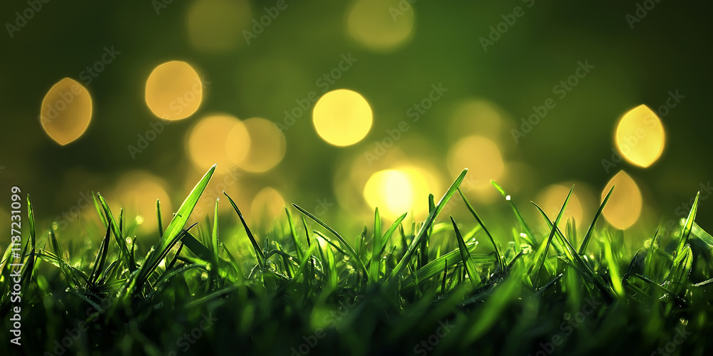 Aufkleber Fresh green grass blades growing with dew drops and bokeh lights in background