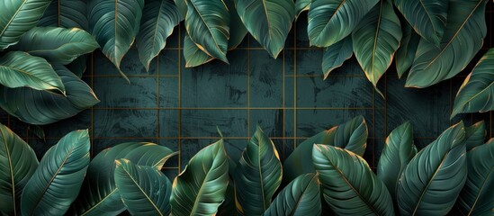 Fototapeta premium Green Tropical Leaves Against a Tile Background