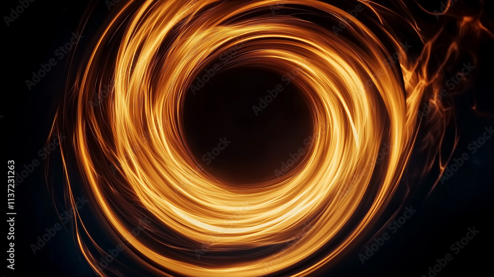 Poster Golden swirling light trails creating a circular portal on black background