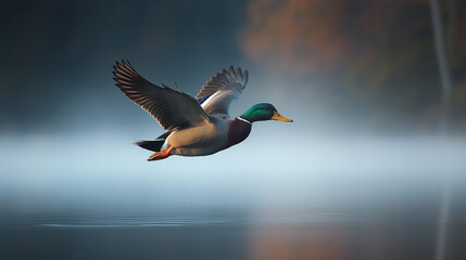 Obraz premium Mallard duck flying low over calm water at dawn