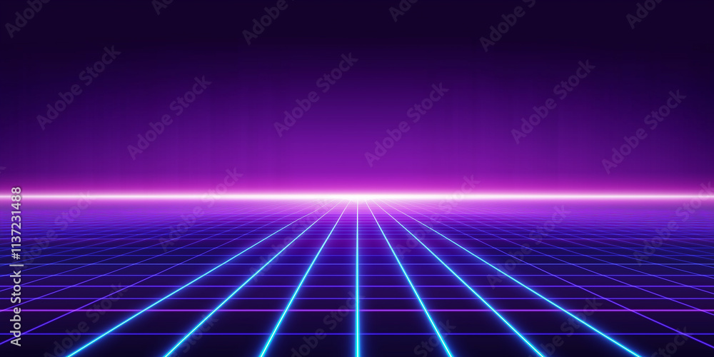 Poster Neon retro synthwave grid creating an endless perspective in digital world