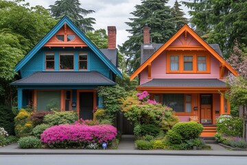 Charming Colorful Houses on a Tree-Lined Street Vibrant Homes Architecture Exterior Design