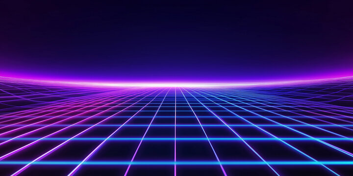 Retro neon grid landscape glowing with purple and blue lights