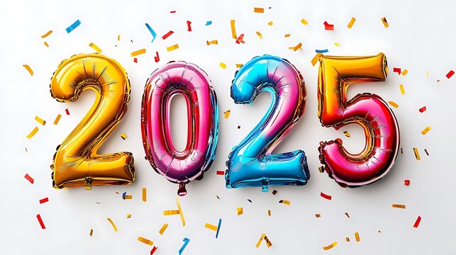 festive balloon text new year 2025 on white background
