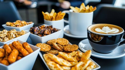 A cozy coffee setup featuring a cup of latte art surrounded by various snacks and treats, perfect for a relaxed gathering or a casual snack break.