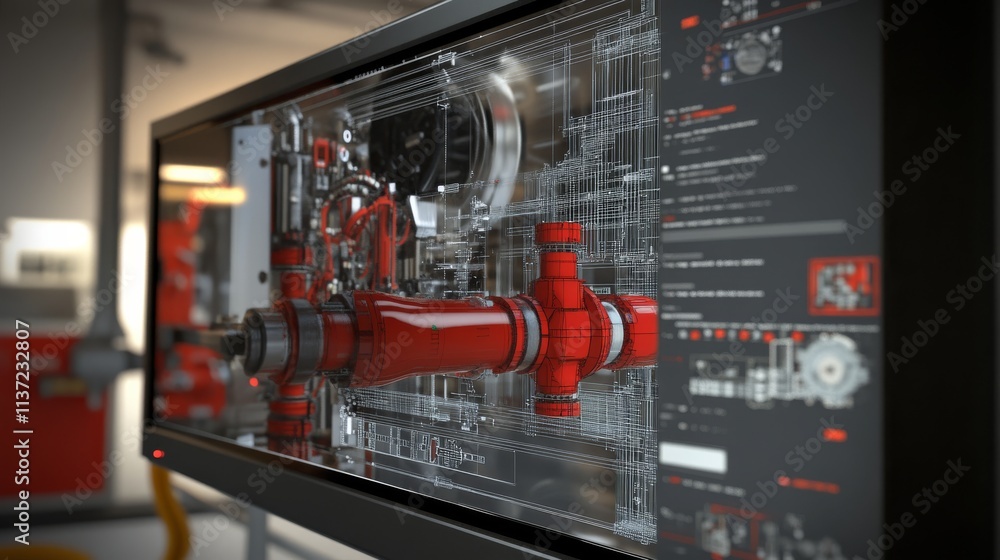 Poster a detailed digital rendering of a red valve integrated into mechanical schematics, showcasing engine