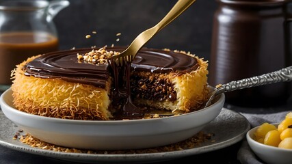 "Chocolate-Filled Kunafa: Crispy Layers with a Decadent Gooey Center"