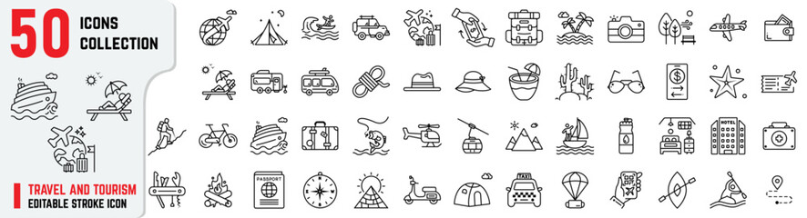 Travel and Tourism editable stroke icons, Tourism icons also include safari, beach, wanderlust, hiking, cruise ship, road trip, beach resort 
