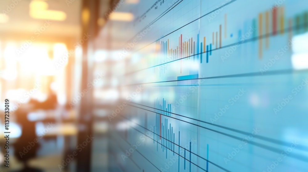 Poster a close-up view of a digital display showing financial graphs and charts, with a bright and modern b
