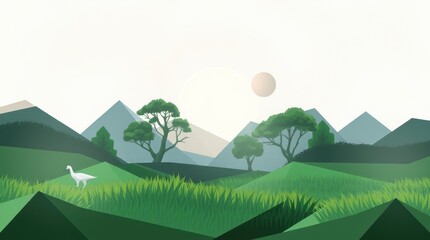 A serene landscape featuring mountains, trees, grass, and a bird in a minimalist style.