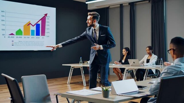 Business Presentation:  A confident businessman in a suit delivers a compelling presentation to a diverse team, showcasing a projected chart with an upward trend.