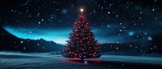Naklejka premium A Christmas tree is lit up in the snow