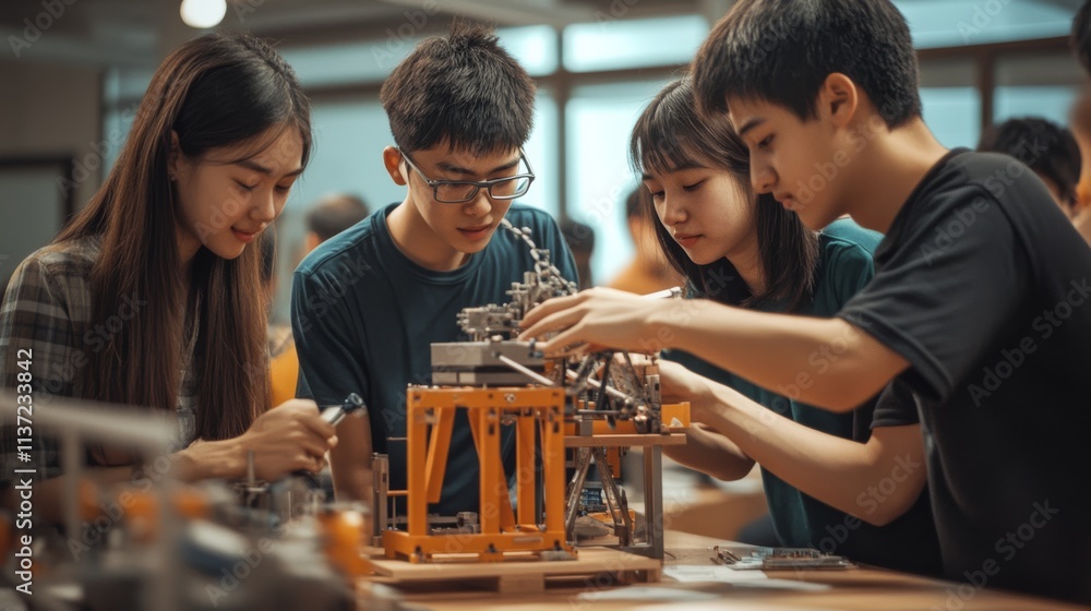 Poster a group of four students collaborates on a mechanical project, showcasing teamwork and creativity in