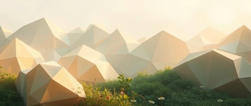 A serene landscape of polygonal mountains with soft lighting and greenery.