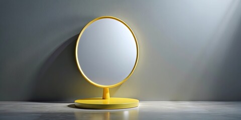 A yellow circular mirror with a reflective surface sits atop a smooth, circular base, illuminated by a soft, angled light source against a minimalist gray backdrop.