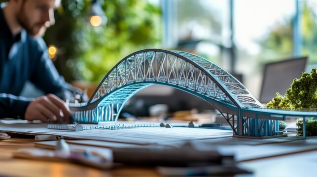 A detailed model of a bridge is being crafted on a table, showcasing intricate design and a creative workspace filled with greenery and natural light.
