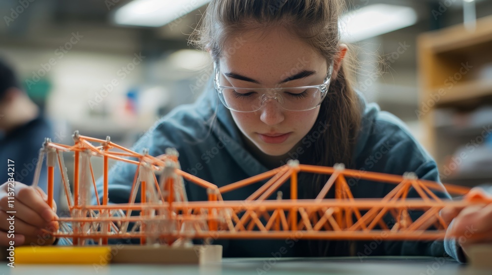 Poster a focused student constructs a bridge model with orange materials, showcasing engineering skills and