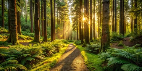 A Path Through the Golden Forest, Illuminated by the Warm Rays of a Setting Sun, Leading Towards a Mystical Horizon