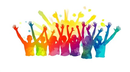 Colorful Silhouettes of People Raising Their Hands in Celebration