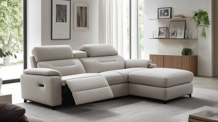 Modern beige fabric reclining sectional sofa in contemporary living room.