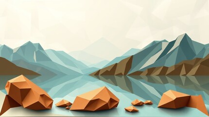 A serene low-poly landscape featuring mountains and rocks reflected in calm water.