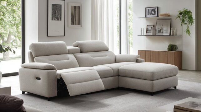 Modern beige fabric reclining sectional sofa in contemporary living room.