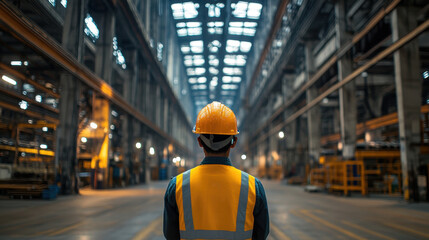 worker in safety helmet and vest stands in large industrial warehouse, observing spacious interior filled with machinery and equipment. atmosphere is focused and industrious