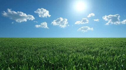 Obraz premium lush vibrant green field bathed in sunlight under clear blue sky. scene evokes sense of tranquility and natural beauty, perfect for outdoor activities