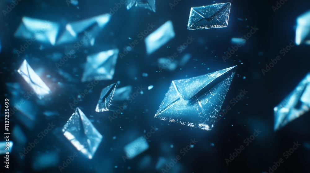 Poster a visually striking representation of floating, translucent envelopes in a blue digital environment,