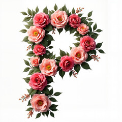 Floral letter P arrangement with pink roses and green leaves on a white background