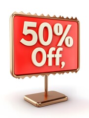Eye-Catching Red Sale Sign Displaying 50% Off on a Stylish Stand, Perfect for Promotions, Advertising, and Retail Marketing to Attract Potential Customers