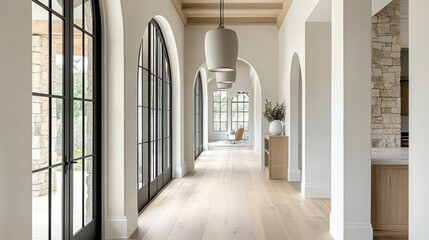 Obraz premium Light-filled hallway with arched doorways, hardwood floors, and natural light.