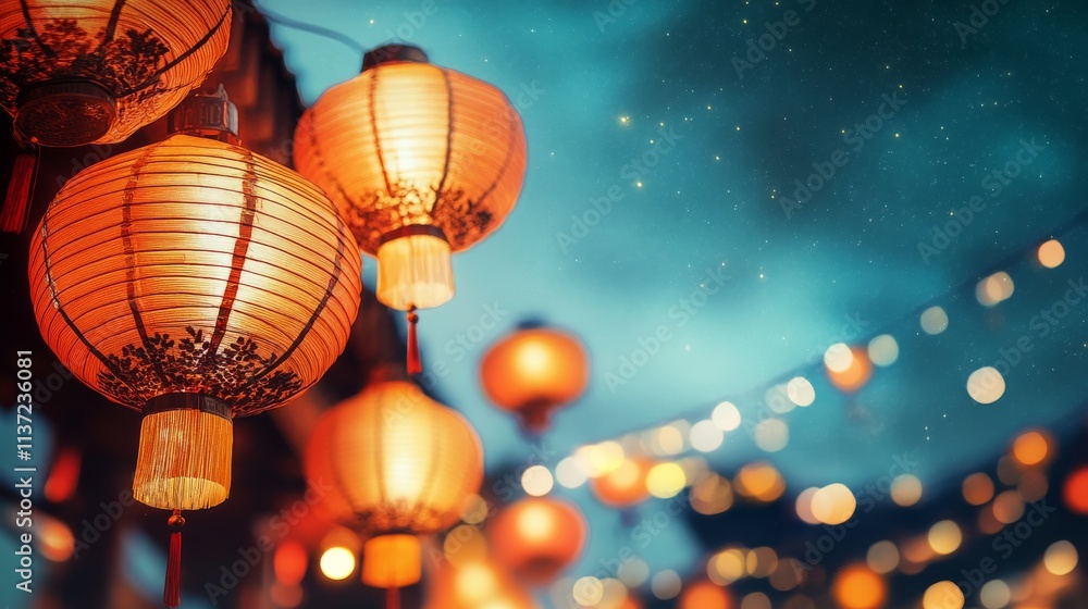 Poster a vibrant display of glowing lanterns against a twilight sky, creating a festive and enchanting atmo