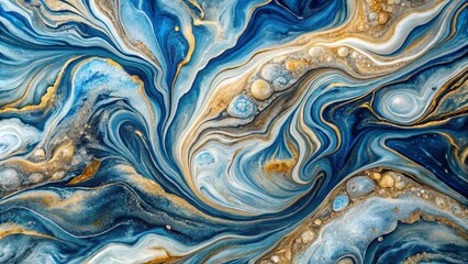 Obraz premium Abstract Fluid Art in Hues of Blue, Gold, and Silver, Swirling and Intertwining in an Organic Dance of Color