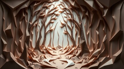 A serene paper art representation of a forest path with intricate tree designs.