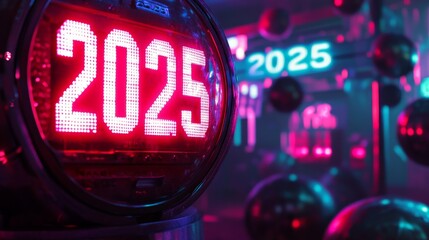A vibrant digital display shows the year "2025" in neon lights, surrounded by reflective spheres, creating a futuristic atmosphere.
