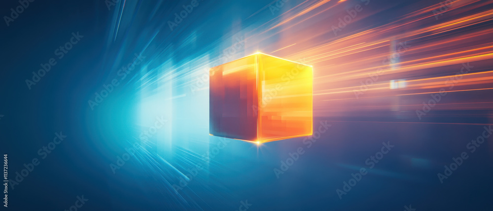 Wall mural abstract illustration of light beams and glowing cube in motion, creating sense of speed and energy.