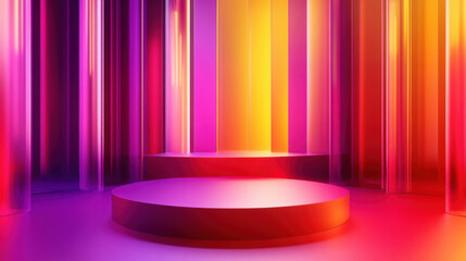 Vibrant abstract background featuring colorful vertical lights and circular stage, perfect for virtual events or presentations. warm hues create inviting atmosphere