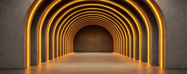 financial success freedom risk concept. A modern, illuminated tunnel with arched ceilings and warm orange lighting, creating a sleek and inviting atmosphere.
