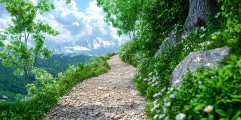 Naklejka premium Scenic Mountain Trail Hiking Path Flowers Nature Landscape Photography