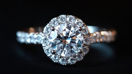 stunning diamond ring with sparkling halo design, set against black background, showcasing its brilliance and elegance. Perfect for special occasions or as gift