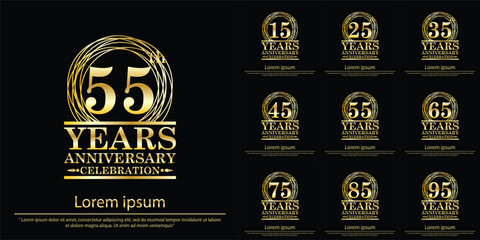 set of 15th-95th years anniversary celebration emblem. elegant golden anniversary logo isolated with ring and laurel wreath on black background. vector illustration template 