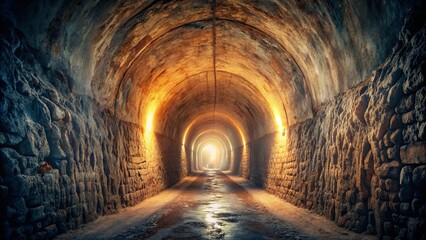 Naklejka premium A tunnel of rough-hewn stone illuminated by a distant light, offering a glimpse of the unknown beyond