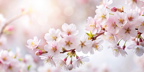 Delicate Pink Blossoms Gracefully Cascading on a Branch with a Softly Blurred Background of Delicate Pink and White Tones