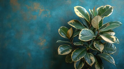 Ficus elastica Tineke against a teal background