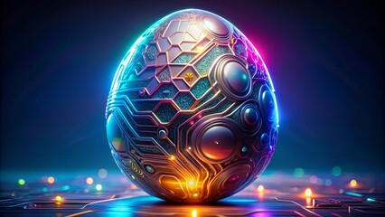 A shimmering metallic egg, adorned with intricate circuitry and vibrant glowing accents, rests on a futuristic surface, hinting at the potential for extraordinary innovation within.