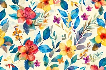 Vibrant watercolor floral pattern featuring colorful blooms and lush green leaves.