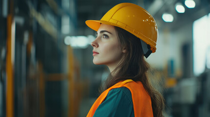 female worker in hard hat and safety vest at industrial plant, showcasing focus and determination. Her profile highlights importance of safety in workplace