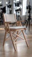 Film staging - cinematic interior showcasing a director chair, lights and cameras, capturing the essence of creativity, production ambiance, art of storytelling in a dramatic setting.