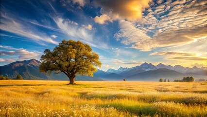 Fototapeta premium A lone tree stands tall in a field bathed in golden sunlight, with snow-capped mountains rising in the distance, under a vibrant sky painted with streaks of fluffy clouds.